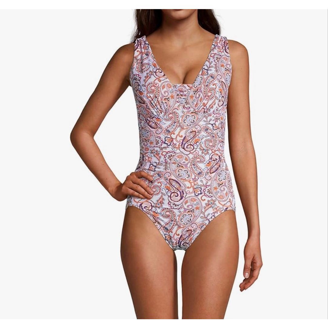 Miraclesuit $178 Slender Suit Grecian One Piece Swimsuit Pink White Paisley 18 N